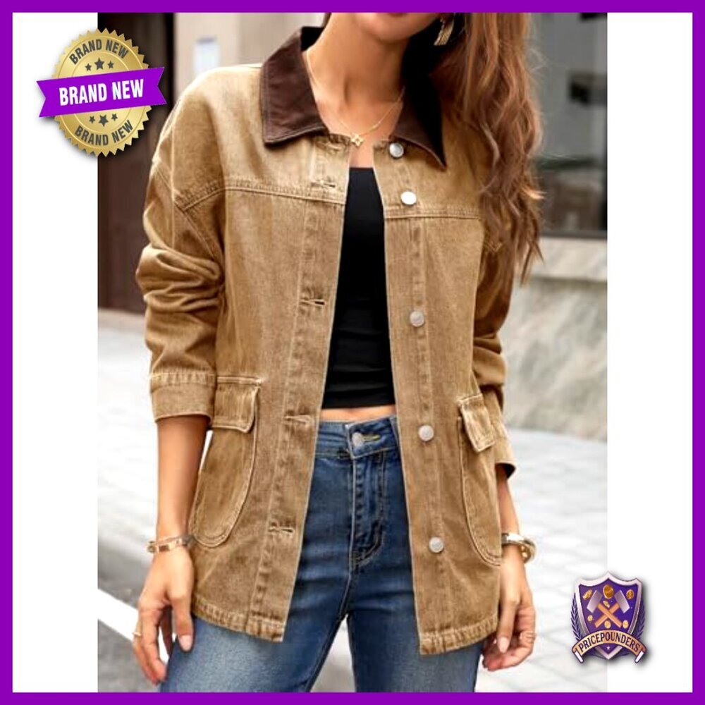 Oversized Denim Jacket Women's Casual Streetwear Y2K Chic Button Down with - Picture 3 of 6